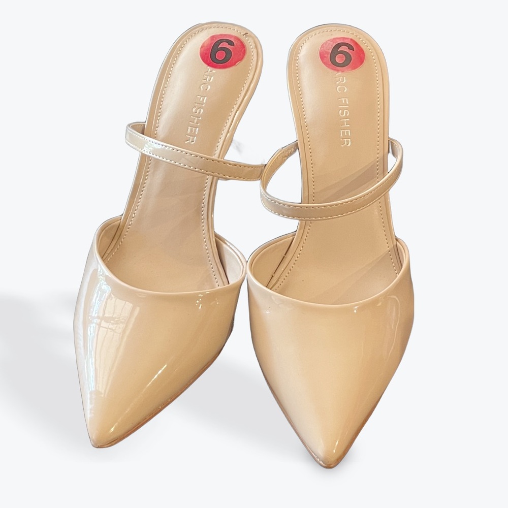 Marc Fisher Nude Patent Leather Pointed-Toe Heels with Double Strap